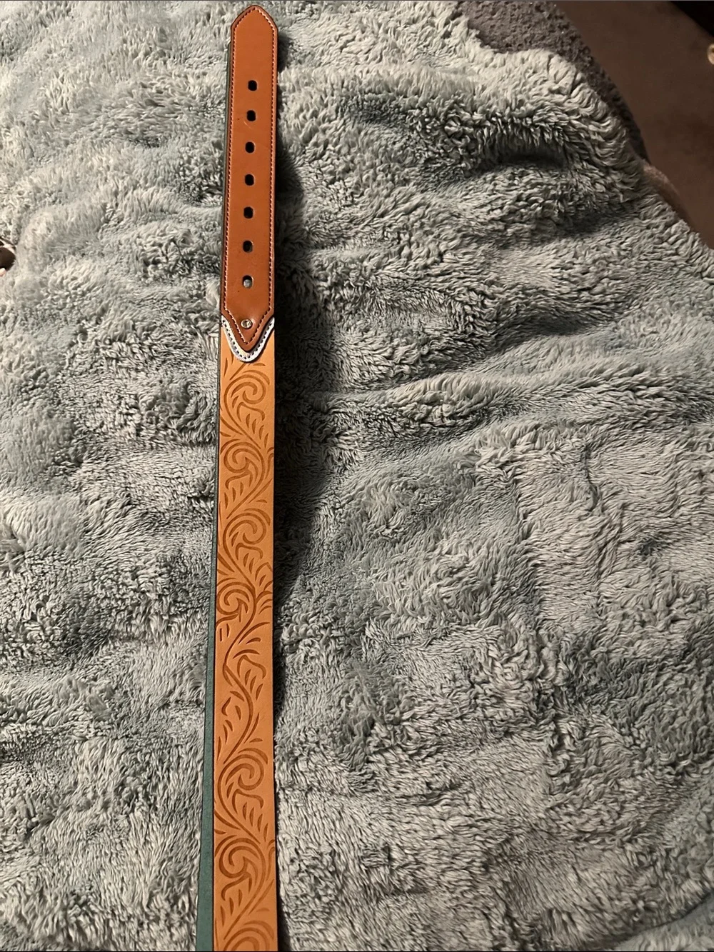 Tooled Tan Leather Belt with Decorative Silver Buckle